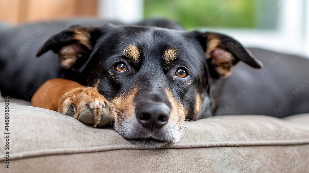 Aufkleber a relaxed black and tan dog rests its head and paw on a beige couch, showcasing its calm demeanor an