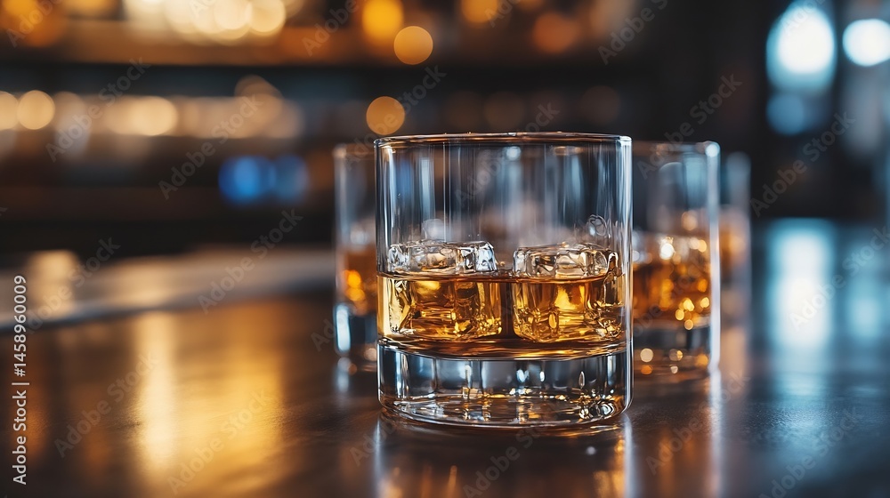 Poster Three glasses of amber whiskey on the rocks sit on a dark bar top, softly illuminated by warm background lights, creating a sophisticated and inviting atmosphere. : Generative AI