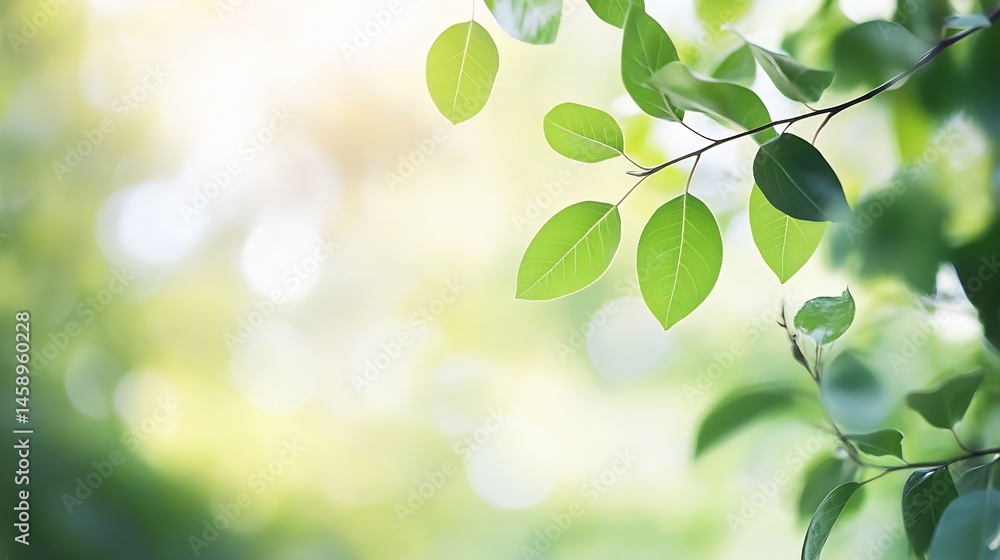 Aufkleber Close-up of vibrant green leaves on a branch, bathed in soft sunlight, creating a serene and peaceful nature scene. : Generative AI