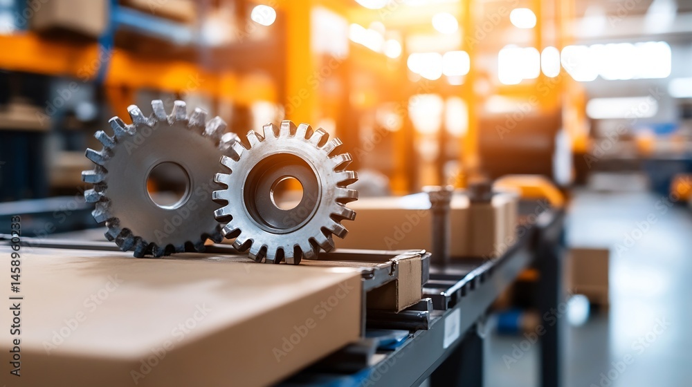 Aufkleber Close-up of two metallic gears resting on a conveyor belt in a factory setting, with blurred background of orange machinery and boxes. : Generative AI