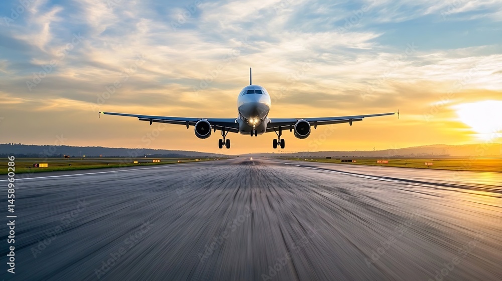 Poster airplane landing on runway at sunset, dramatic low angle view showcasing the aircraft's approach and