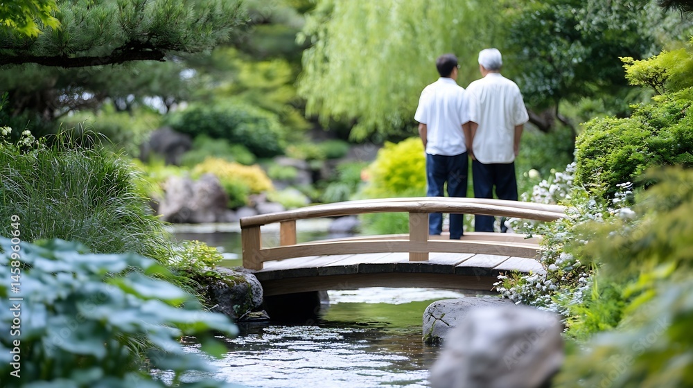 Poster two men stand on a wooden bridge overlooking a serene japanese garden, lush greenery and a tranquil 