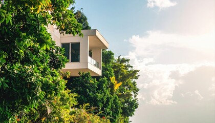 Modern white house nestled amongst lush green tropical foliage under a bright sunny sky A tranquil vacation home design