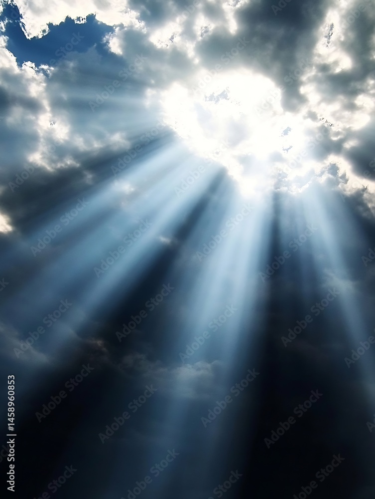 Aufkleber dramatic light rays pierce through dark, moody clouds, creating a celestial, ethereal, and hopeful s