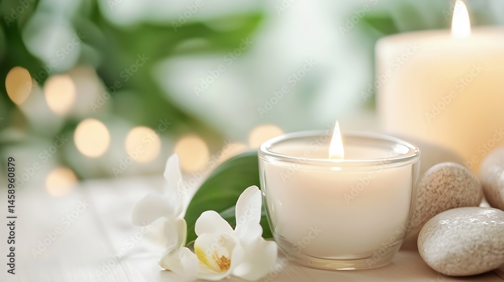 Fototapete serene spa setting with lit candles, white orchids, and smooth stones, creating a calming and peacef