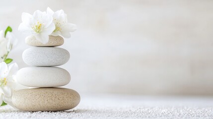 Fototapeta premium Serene spa scene: a delicate stack of smooth, light-colored stones topped with pristine white blossoms, rests on a bed of small white pebbles against a soft, neutral backdrop. : Generative AI