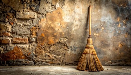 Rustic Broom Leaning Against a Weathered Stone Wall Background A perfect image for autumn themes or cleaning concepts