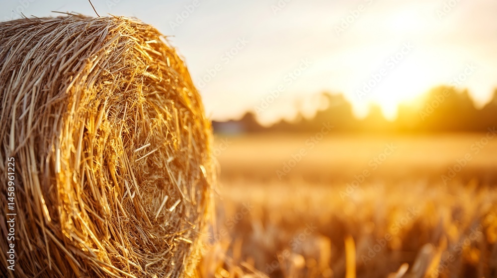 Poster close-up of a golden hay bale in a sun-drenched field at sunset, showcasing the texture and color of