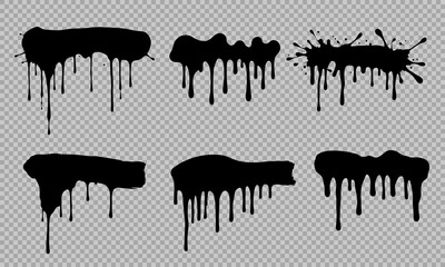 Set of black paint drips, flowing black liquid, spilled paint, ink splashes, vector illustration, oil drops or chocolate drips