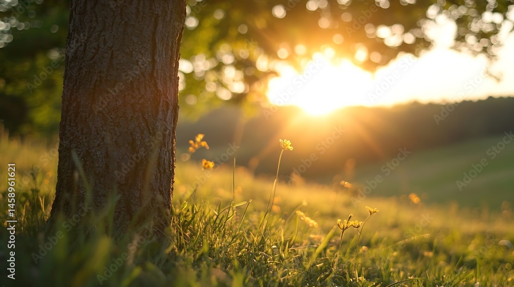 Poster golden hour sunlight illuminates a tree trunk and wildflowers in a lush green meadow, creating a ser