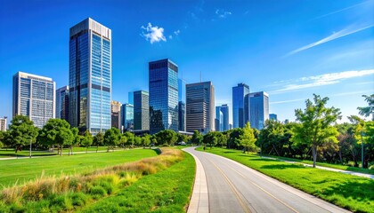 Modern City Skyline Park Green Space Scenic Walking Path Urban Nature