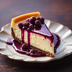 A Digitally Enhanced Image Featuring a Triangular Slice of Creamy Cheesecake with a Graham Cracker Crust, Topped with Fresh Blueberries