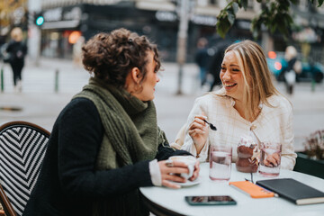Two cheerful women sharing laughs at a cozy outdoor cafe, enjoying desserts and coffee.