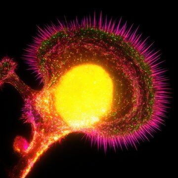 Aplysia neuron captured using fluorescence microscopy, glowing yellow central nucleus surrounded by vivid magenta filaments and green punctate synaptic structures