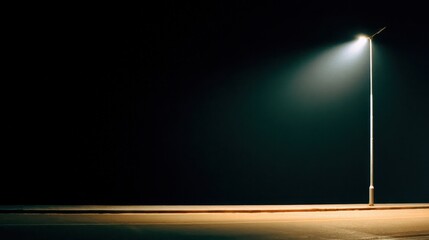 Streetlight illuminating an empty road at night with a dark background and minimal shadows