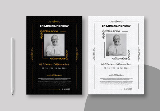 Black And White Funeral Program Card Design Template