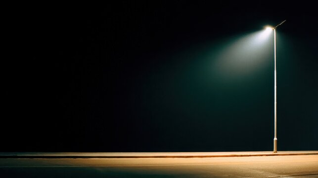 Streetlight illuminating an empty road at night with a dark background and minimal shadows