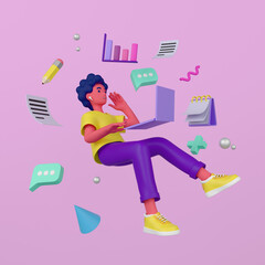 3D illustration of a young freelancer working on a laptop surrounded by floating documents, charts, messages, and calendar elements.