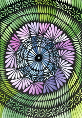 This illustration features a vibrant, hypnotic mandala pattern made from stylized petals and flowers. The central part is done in blue and light blue shades, surrounded by pink-purple petals.