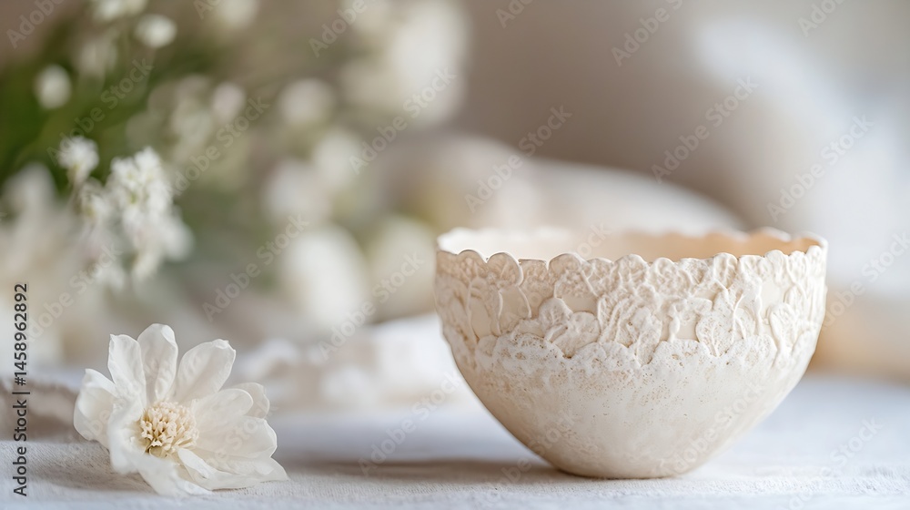 Poster elegant off-white ceramic bowl with lace detailing sits on a white linen surface, next to delicate w
