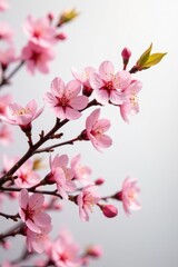 Delicate plum branch, pink blossoms, white floral backdrop, Japanese plum, macro