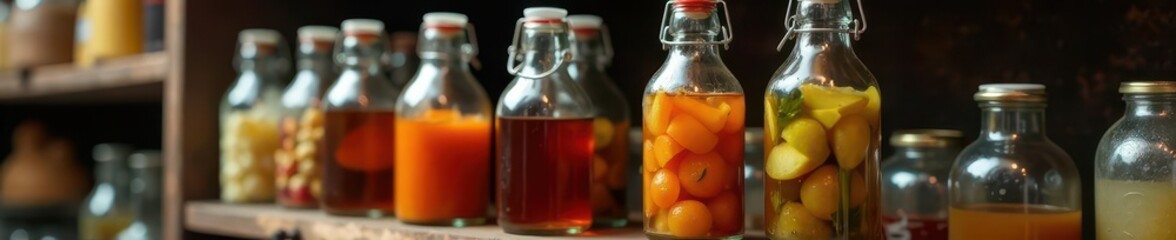 Glass brine bottle hangs from rustic metal rack, still life, rack