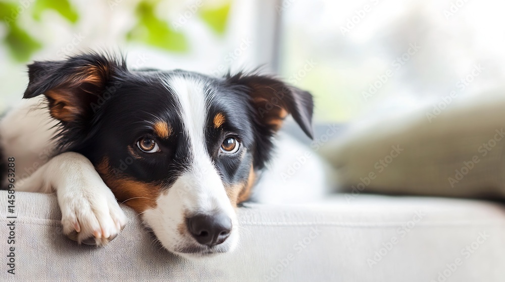 Poster adorable tri-color border collie puppy resting its head on a light beige couch, gazing intently with