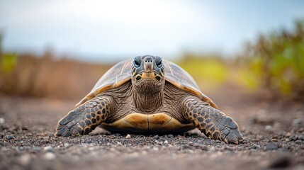 Obraz premium Galapagos tortoise facing camera on volcanic sand.