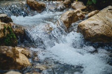 Refreshing hydration from a crystal clear stream of water flowing over rocks in a lush natural environment captured from a serene viewpoint