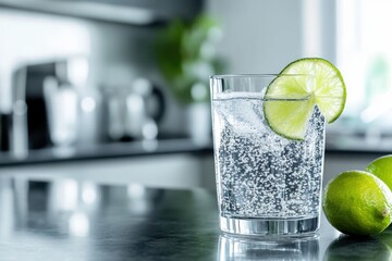 Hydration refreshment a glass of sparkling water with lime twist in modern kitchen lifestyle setting focused viewpoint for optimal thirst quenching experience