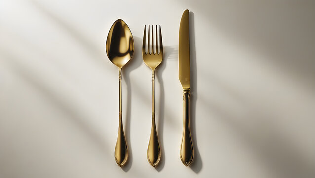 A Digitally Rendered Overhead Image Featuring a Shiny Gold Tablespoon, Fork, and Knife Arranged Parallel on a Light Cream Surface