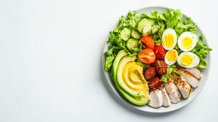 Fresh and nutritious Cobb salad with grilled chicken and egg slices on a clean white plate