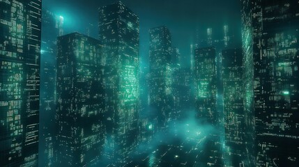 Fototapeta premium Glowing digital cityscape at night, futuristic code