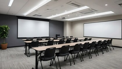 A modern, well-lit conference room provides a professional ambiance, ready for meetings or training.