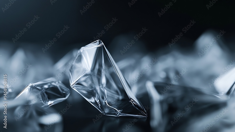Aufkleber Abstract close-up of multifaceted, translucent crystals, resembling ice shards or gemstones, scattered on a dark surface.  The image evokes a sense of coolness and mystery. : Generative AI