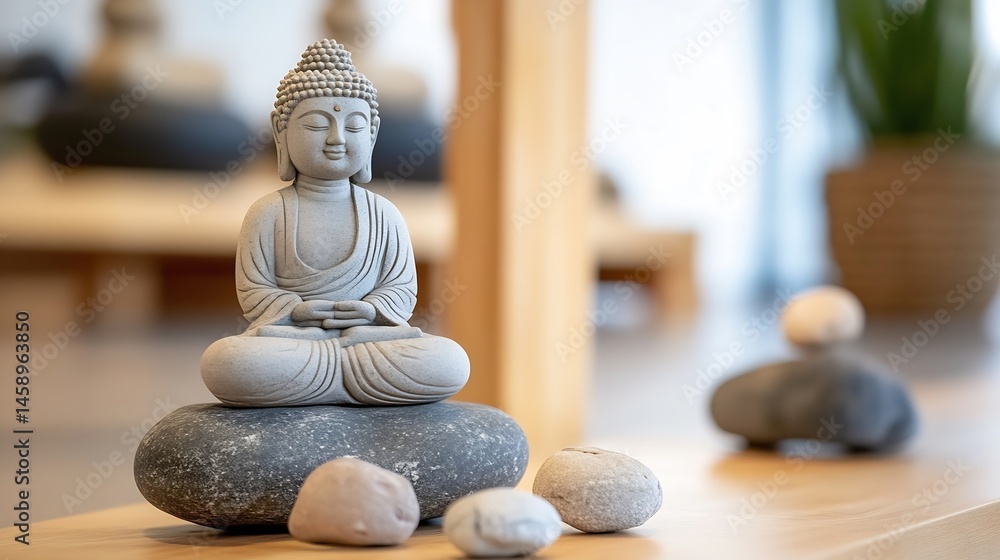 Poster Serene Buddha statue meditates peacefully atop a grey stone, surrounded by smaller stones on a light wood surface, creating a tranquil and mindful scene. : Generative AI