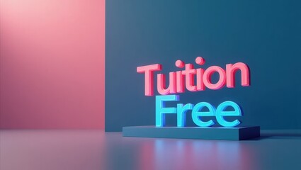 3D render. Text "Tuition Free". Educational concept. Background use. Academic theme. Modern design. Blue pink colors. Motivational message. Students audience. Learning empowerment. Student savings. S