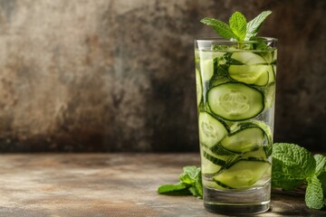 Refreshing hydration with cucumber-infused water in a tall glass minimalist background indoor setting focused viewpoint on health benefits
