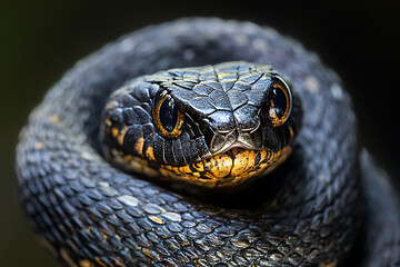 Fototapeta premium Close up of a coiled black snake with yellow markings and detailed scales on a dark background