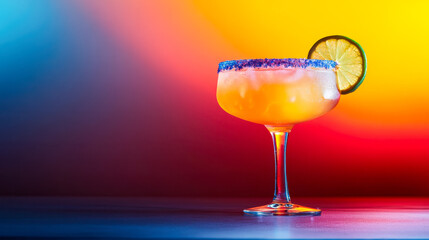 Colorful margarita cocktail with vibrant gradient background and dramatic lighting effects