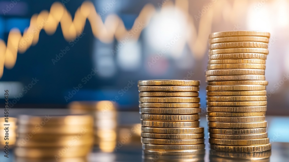 Aufkleber two stacks of gold coins stand against a blurred background of a stock market graph, illustrating fi