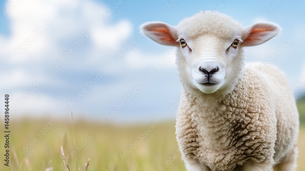 Poster close-up portrait of a young lamb standing in a field, looking directly at the camera. its fluffy wh
