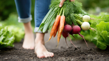 Slow living rural. A person holding freshly harvested carrots, radishes, and turnips while walking barefoot in a garden.