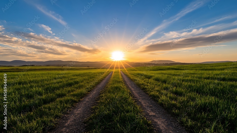 Poster sunset over a grassy field with a dirt road leading towards the setting sun, creating a picturesque 