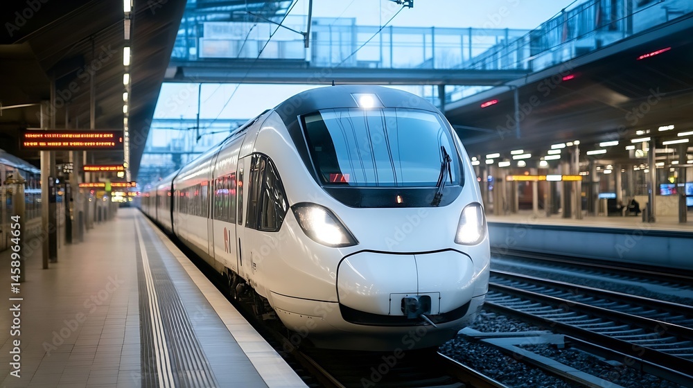 Leinwandbilder modern high-speed train arriving at a modern railway station platform during twilight hours, showcas