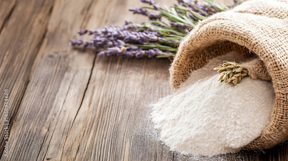 Aufkleber flour spilling from burlap sack, lavender flowers nearby on rustic wooden surface. a sprig of wheat 