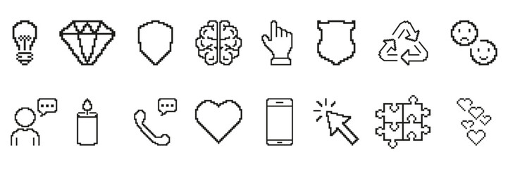 Obraz premium Pixel Art Icon Set. Diverse Symbol Collection For Creativity, Security, Communication, And Emotions. Retro Pixelated Icons. Isolated Vector Illustration