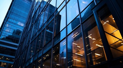 Obraz premium Reflective glass skyscraper facade at dusk, showcasing modern architecture and urban cityscape reflections. The image features a dramatic low-angle perspective, emphasizing the buildi : Generative AI