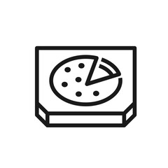 Pizza box minimalist icon in line style. Food paper packaging, delivery and takeaway. Editable stroke. Pictogram for food delivery apps, restaurant branding, packaging, ui ux. Vector illustration