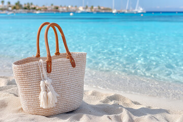 Woven Beach Bag Resting on Sandy Shoreline Beside Turquoise Ocean Under Bright Sunlight